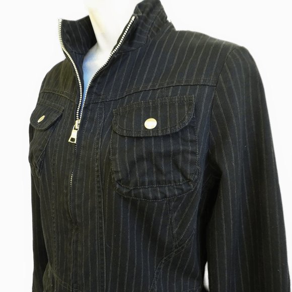 Banana Republic Pinstriped Jacket Elbow Patches Pockets Full Zip Safari Travel S - Picture 3 of 8